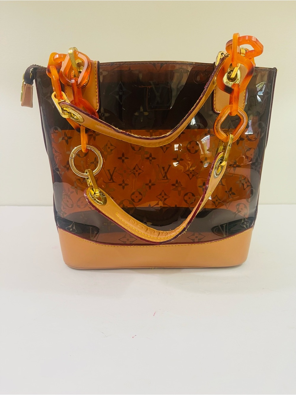 Brown Transparent Monogram Tote with Amber Chain Straps - Picture 3 of 16